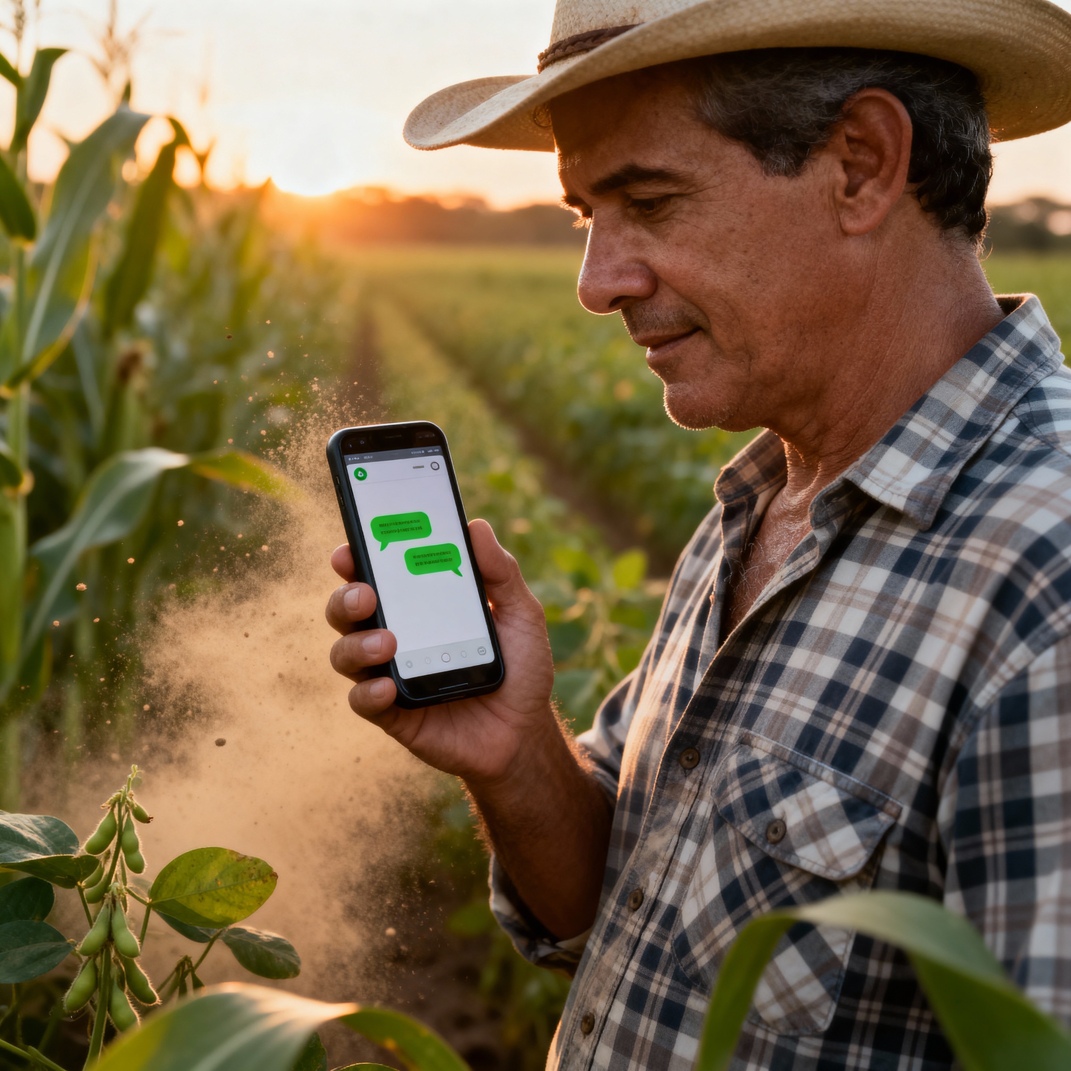 Produtor rural no campo analisando plano de canal no celular